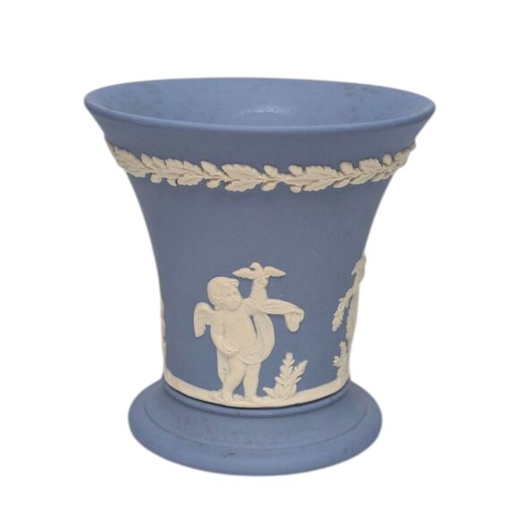 Vtg Wedgewood Jasperware Trumpet Vase Blue Neoclassical Raised Relief 3.5" - Picture 13 of 14
